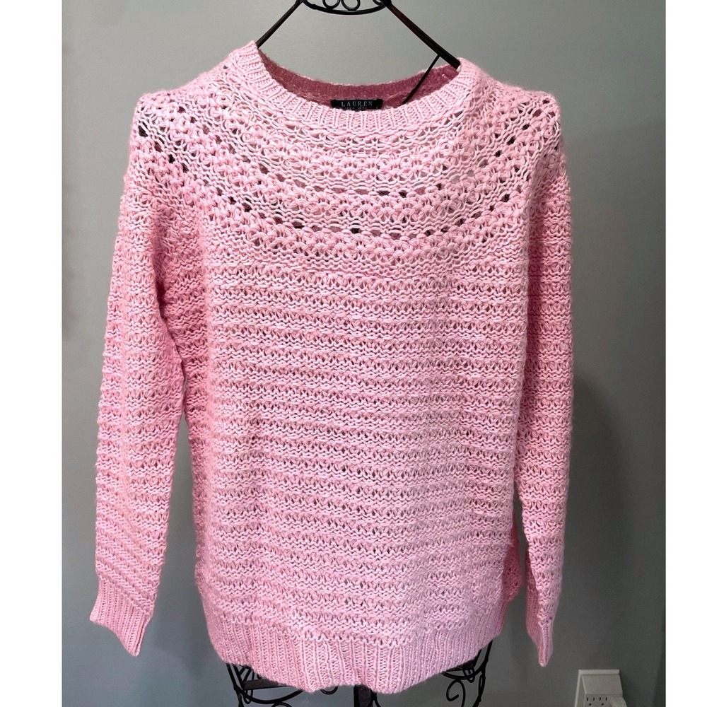 Lauren‎ Ralph Lauren Pink Open Knit Alpaca Blend Crewneck Sweater XL Womens EUC